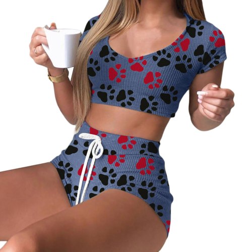 Women Printing Short Sleeve Crop Tops + Shorts Pajamas md01526