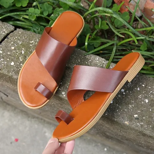 Women Vintage Sandals Slippers PU Leather Open Toes Beach Slides