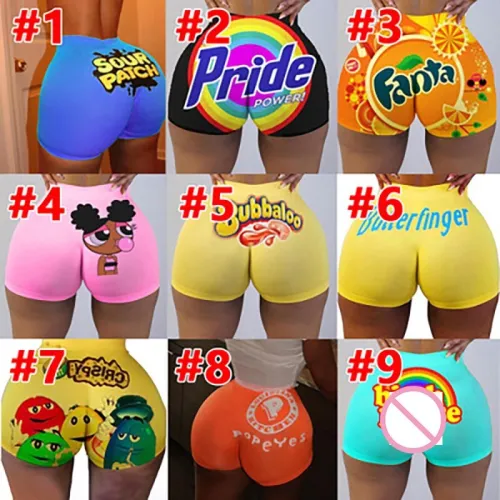 Letter Print High Waist Stretch Women's Candy Snacks Shorts D931122