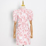 Women Floral Print Short Puff Sleeve Bow Lace Up High Waist Dresses VDR8370516