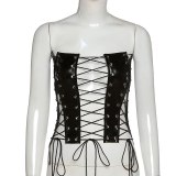 Sexy Hollow Out Bandage Faux Leather PU Tank Tops K20L106810
