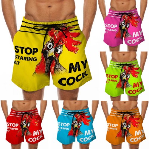 B0065 Men Drawstring Special Cock Print Beer Beach Shorts Pants