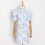 Women Floral Print Short Puff Sleeve Bow Lace Up High Waist Dresses VDR8370516