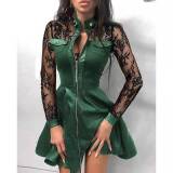 PU Leather Women Sexy Lace Mesh Sleeve Party Dress Dresses 2062
