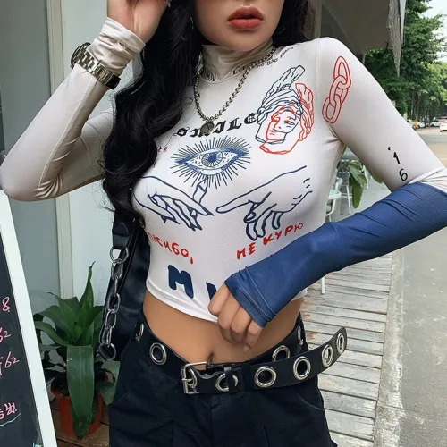 Women Funny Print Full Sleeve Stretch Slim T-Shirt Tops T17353510