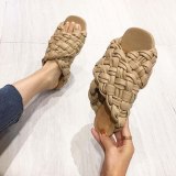 Women Cross-Tied Real Leather Weave Slippers Slides GY-283-2
