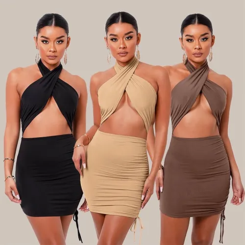 Women Sexy Cut Out Mini Halter Party Dresses D114311W