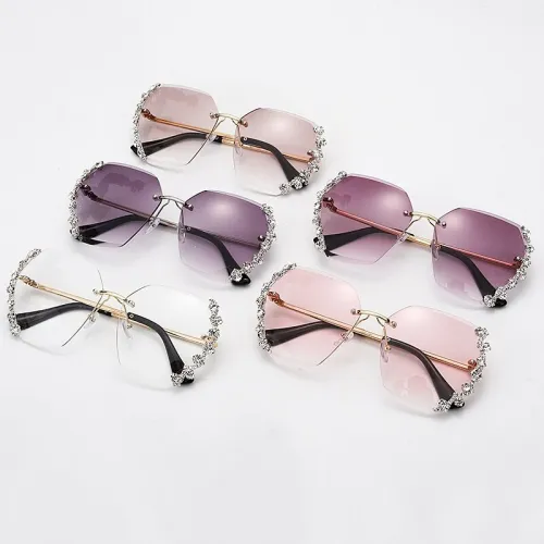Women Rhinestone Shades Rimless Daimond Sunglasses 7725