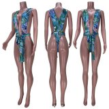 Sexy Print Deep V-Neck Bikini Bandgae Sleeveless Swimsuits L5225