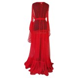 Women Lace Transparent Sexy Long Sleeve See-Through Sleeping Dresses 0341