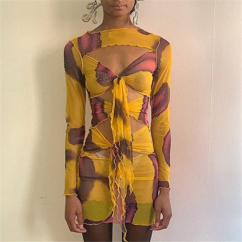 Mesh Printed Long Sleeve Cover Up Beach Women Dress Dresses FD8768