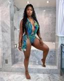 Sexy Print Deep V-Neck Bikini Bandgae Sleeveless Swimsuits L5225