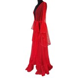 Women Lace Transparent Sexy Long Sleeve See-Through Sleeping Dresses 0341