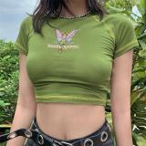 Butterfly Letter Printing Stitch Green T-Shirts Crop Tops