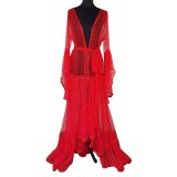 Women Lace Transparent Sexy Long Sleeve See-Through Sleeping Dresses 0341