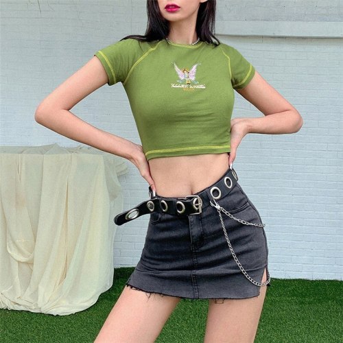Butterfly Letter Printing Stitch Green T-Shirts Crop Tops