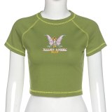Butterfly Letter Printing Stitch Green T-Shirts Crop Tops