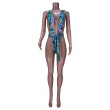 Sexy Print Deep V-Neck Bikini Bandgae Sleeveless Swimsuits L5225