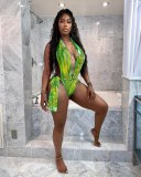 Sexy Print Deep V-Neck Bikini Bandgae Sleeveless Swimsuits L5225