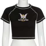 Butterfly Letter Printing Stitch Green T-Shirts Crop Tops