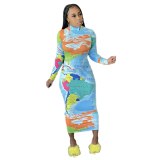 Sexy Club Long Sleeve Map Printed Dress Dresses H229