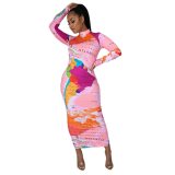 Sexy Club Long Sleeve Map Printed Dress Dresses H229