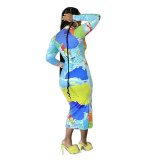 Sexy Club Long Sleeve Map Printed Dress Dresses H229