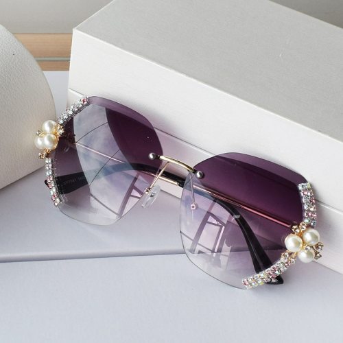 Women Rimless Vintage Diamond Pearl Gradient Sunglasses 7759