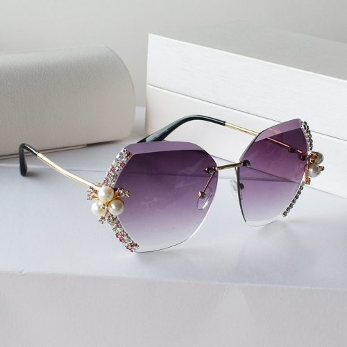 Women Rimless Vintage Diamond Pearl Gradient Sunglasses 7759