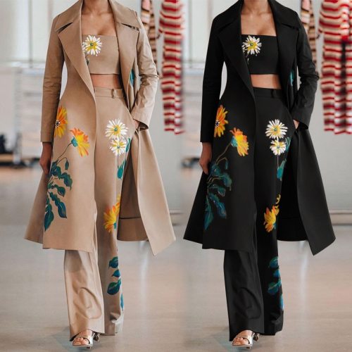 Women's Floral Printed Slim Trench Coat Coats Set FD134