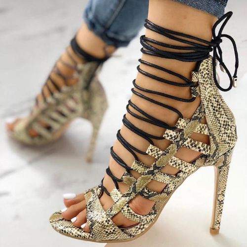 Snake Skin Leather Tie UP Rope Sandals High Heels  212FL171