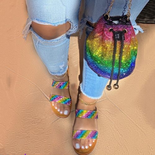 Matching Shoes Purses Rainbow Rhinestone Handbags With Sandals