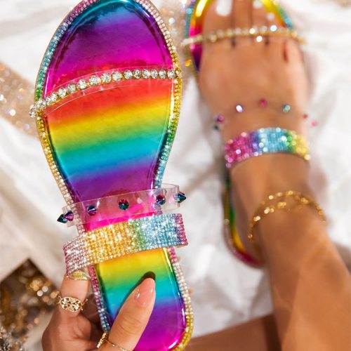 Women Rainbow Crystal Transparent Beach Slipper Slides