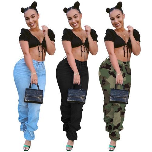 Camouflage Stacked Jeans Women Denim Pant Pants FE022