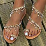 Women Flat Pearl Sandals String Bead Slippers Slides DJ&129