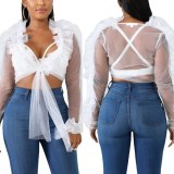 Woman's Sexy Solid Color Mesh Lace-up Top Tops
