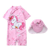 Cartoon Unicorn Girl's Short-sleeve Pink Swimsuit Sun Block Hat Baby Girls Swimwear