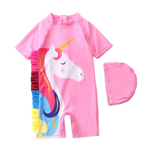 Cartoon Pattern Unicorn Short Sleeve Swimsuit Girl One-piece Swimsuit With Swimming Cap