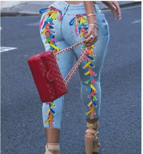 PT884051new style women's fashion plus-size S-3XL colorful string high waist casual slim jeans