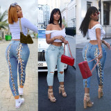 PT86912 2new style women's fashion plus-size S-3XL bandage high waist casual slim jeans