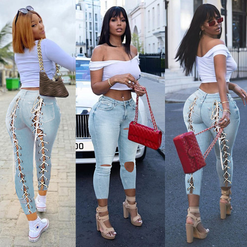 PT86912 2new style women's fashion plus-size S-3XL bandage high waist casual slim jeans