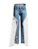 Lace Mesh Spliced Denim Women Jeans Pant Pants K243041