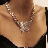 Hip-Hop Women Full Diamond Cuban Butterfly Necklaces 3697108