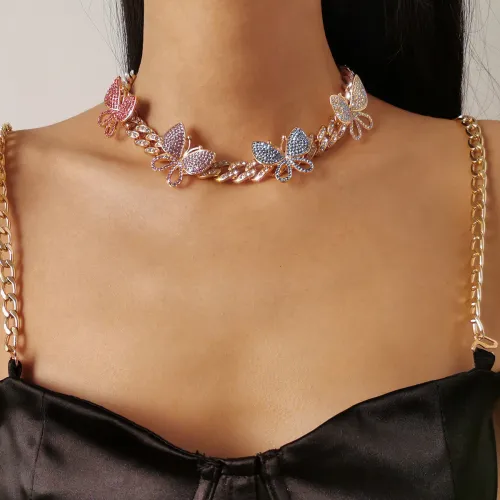 Cuban Link Chain Gold Diamond Butterfly Necklaces 368697