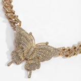 Hip-Hop Women Full Diamond Cuban Butterfly Necklaces 3697108