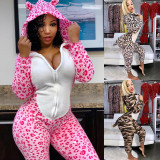 Sexy Women Hooded Tail Leopard Print Onesies H903344