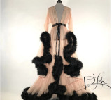 Sexy feather sleeve tail dress long lingerie sexy femme robe night dress lingerie