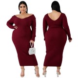Amazon hot sale winter woolly v-neck plus size sweater clothing  solid oversize sweater dress YF132536