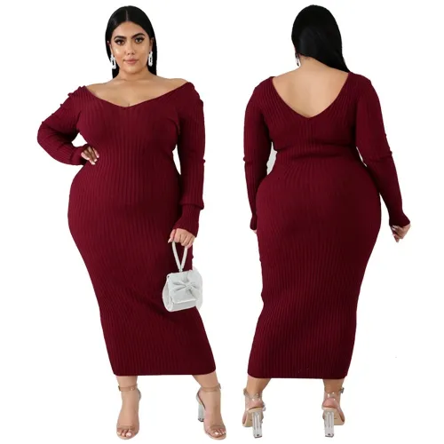 Amazon hot sale winter woolly v-neck plus size sweater clothing  solid oversize sweater dress YF132536