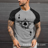 2021 European and American Spring and Summer s New Poker A Striped Printed Shoulder Sleeve Color Matching Men's T-shirt